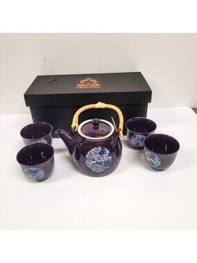 Teavana Teapot Set 5 pc Plum Blue Kaleidoscope Stoneware Japan Bamboo